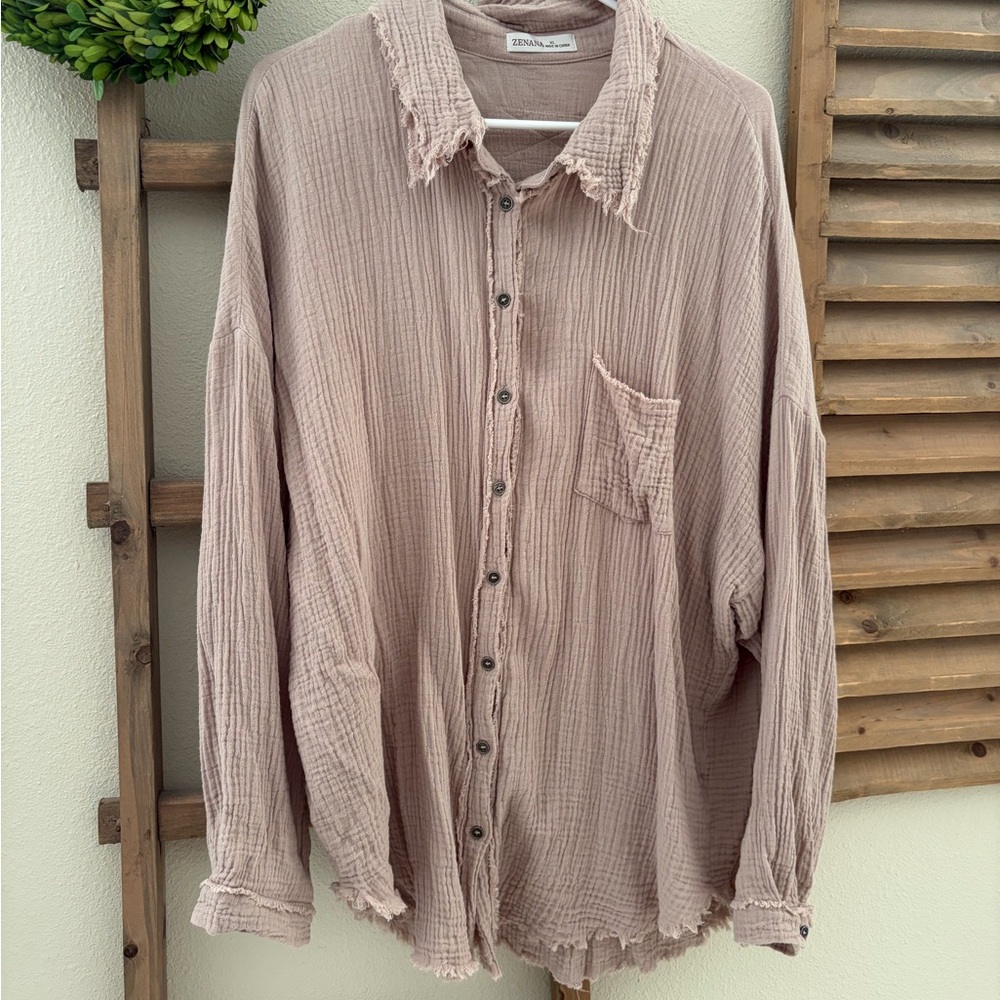 Zenana Outfitters Womens Casual Button Down Shirt in Taupe